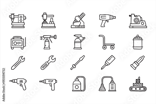 Workshop Equipment and Machinery Line Icon Set