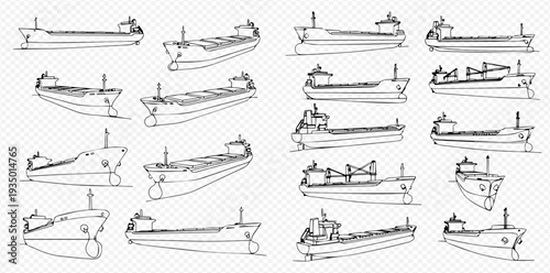 Set of various hand-drawn cargo ships and tankers, black and white vector illustrations on a transparent background.