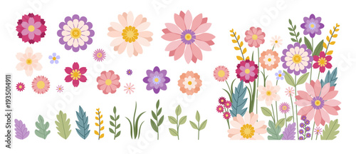 Collection of colorful floral elements in flat color. Set of spring and summer wild flowers, plants, branches, leaves and herb. Hand drawn of blossom vectors for decor, website, graphic and shop.