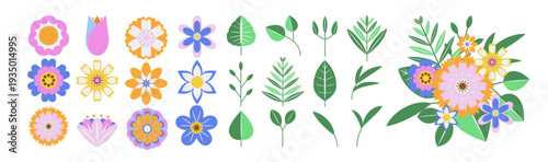 Collection of colorful floral elements in flat color. Set of spring and summer wild flowers, plants, branches, leaves and herb. Hand drawn of blossom vectors for decor, website, graphic and shop.