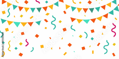 Colorful bunting and confetti create a festive celebratory background