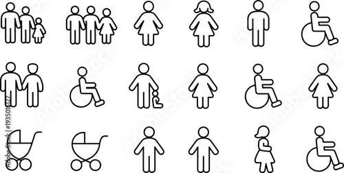 Family diversity icons collection, inclusive accessibility people illustration set, flat vector