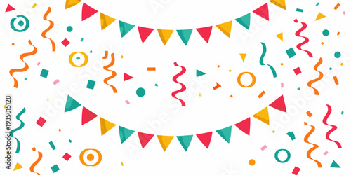 Colorful party decorations including flags confetti and streamers