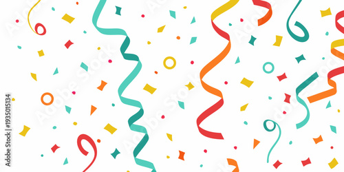 Colorful confetti and streamers scattered against a bright white background