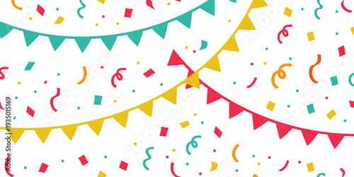 Colorful party flags and confetti create a festive celebratory background