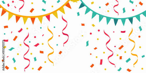 Colorful bunting and confetti create a festive celebration background