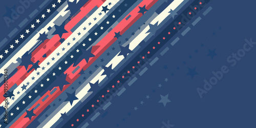 Patriotic background featuring diagonal stripes and scattered stars in red white and blue