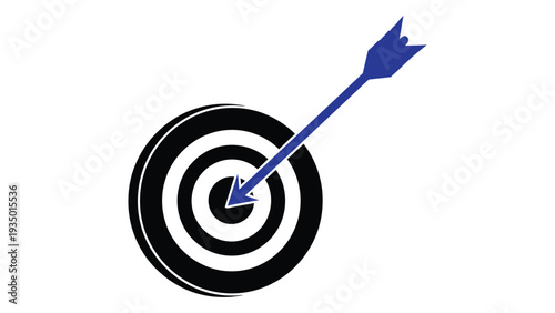 A blue arrow hits the bullseye of a black and white target isolated on white background, Vector
