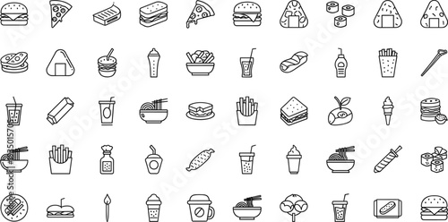 Hand Drawn Fast Food and Snacks Icon Set with Burgers Pizza Noodles Fries Drinks and Street Food Outline Vector Collection