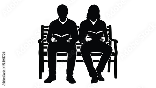 A man and woman sit on a bench reading books isolated on white background, Vector