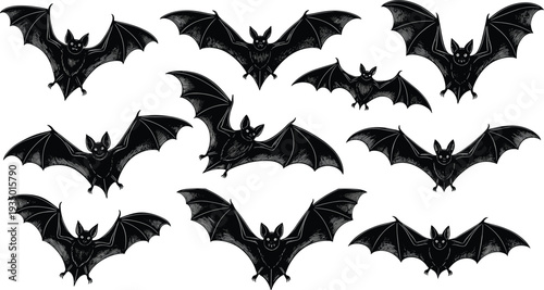 Set of Black Bat Silhouettes in Various Flying Poses for Halloween Decoration, Spooky Night Graphic Design and Gothic Vector Art.