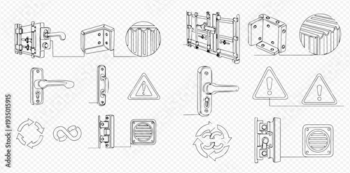 Continuous line drawing of various industrial and architectural elements, including door handles, hinges, and warning signs, on a transparent background.