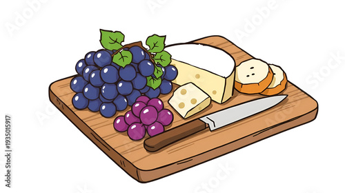 Cheese Board Illustration with Grapes Bread and Knife on Wooden Tray.