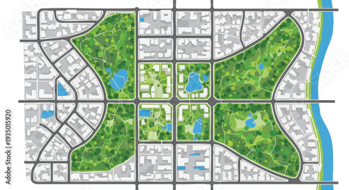 Sustainable Urban Planning Map: Green City Layout with Parks, Residential Zones, Roads, and River System