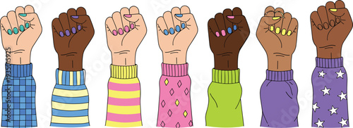 Set of Diverse Raised Fists with Colorful Manicured Nails and Patterned Sleeves for Women Empowerment, Unity and Solidarity Design.