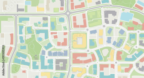 Stylized Urban Map with Colorful Buildings, Roads, and Green Spaces - Top-Down City Planning Illustration