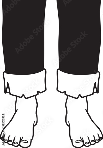 Illustration of human feet with bare toes and rolled up pant legs standing on a white background