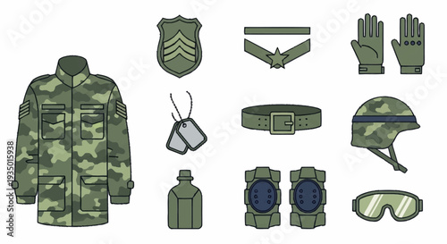 Military uniform and equipment set with camouflage jacket and accessories.