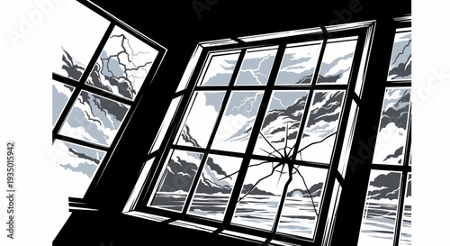 Dramatic broken window with stormy sky and ocean view