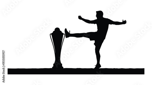 A silhouette of a man kicking a soccer ball next to a trophy isolated on white background, Vector