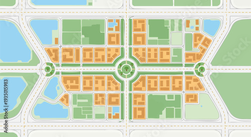 Modern Urban Planning Map: Top-Down View of City Development Plan with Residential Blocks, Roads, Roundabouts, Green Spaces, and Water Bodies