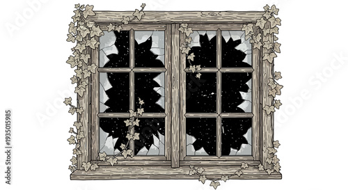 Vintage wooden window with broken glass and ivy