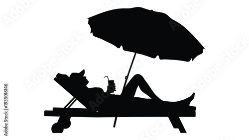 A cat lounges under a beach umbrella on a chaise longue isolated on white background, Vector