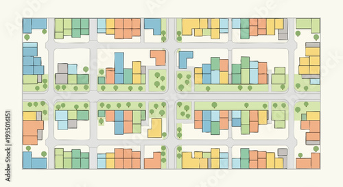 Colorful Abstract City Map Illustration with Urban Neighborhood Blocks, Streets, and Green Spaces - Modern Architectural Plan