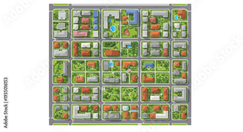 Top View City Map Illustration: Residential Neighborhood with Houses, Green Parks & Roads. Urban Planning Concept.