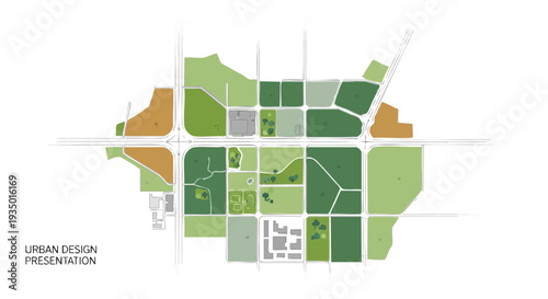 Modern Abstract Urban Design Layout with Green Spaces, Roads, and Zoned Areas for Sustainable City Planning