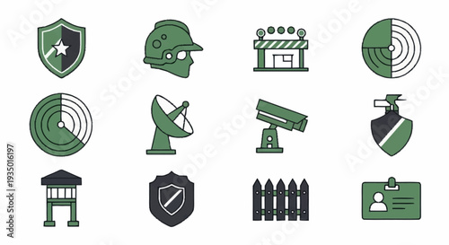 Collection of Security Icons Featuring Shields and Surveillance Equipment.