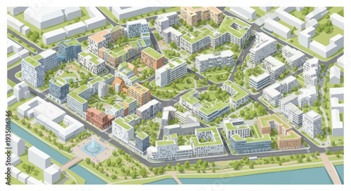 Isometric Illustration of a Modern Sustainable City with Green Roofs, Parks, and Eco-Friendly Urban Planning