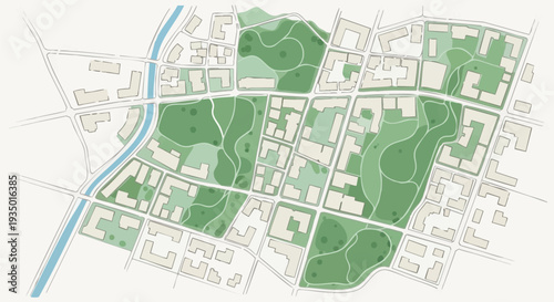 Modern Urban Planning Map with Green Parks, Residential Areas, and River - Sustainable City Design Overview