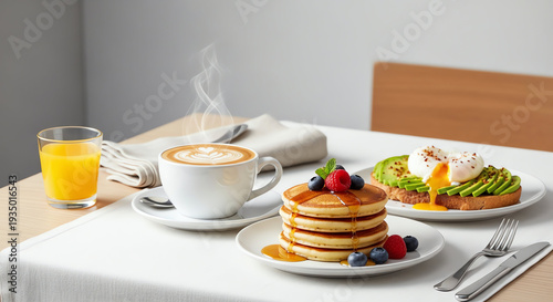 Wallpaper Mural Breakfast Scene with Coffee, Orange Juice, and Pancakes on a Table. Torontodigital.ca