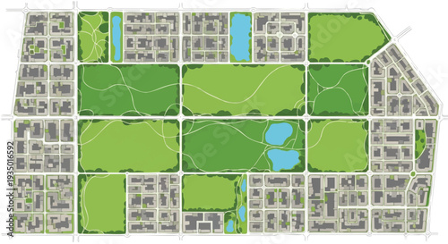 Detailed Urban Master Plan: Aerial View of a Modern City Layout with Residential Blocks, Expansive Parks, Roads, and Blue Lakes