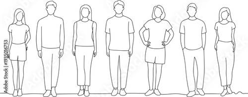 Flat vector illustration diverse group standing row casual clothing fashion sketch