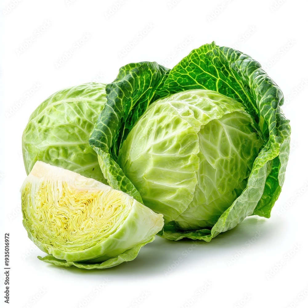 Fototapeta premium Two fresh whole heads of green cabbage and one quarter slice on white