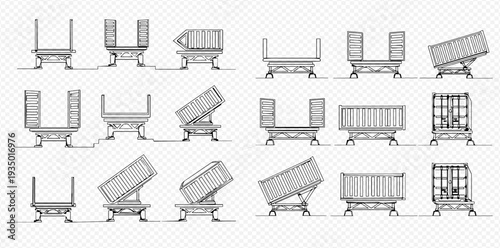 Set of sketch containers for garbage collection and recycling, with various positions and angles, on a transparent background.