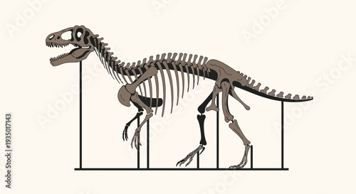 An illustration of a dinosaur skeleton display with a military design on a paleontology exhibit background.