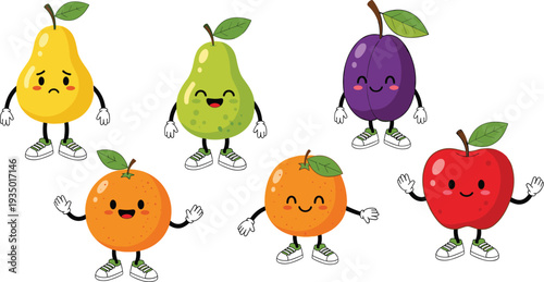 Cute Fruit Character Set Featuring Happy Pear, Apple, Orange and Plum with Faces and Sneakers for Kids Design and Healthy Food Art.