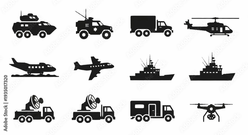 Obraz premium Collection of Military Vehicles and Aircraft Silhouettes.