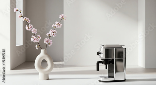 Modern coffee machine on a clean kitchen countertop with decorative vase and flowers.