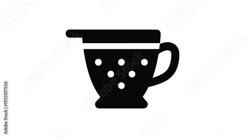 Tea strainer cup icon. Black silhouette of a cup with an integrated infuser or strainer for filtering loose tea leaves during the brewing process. Isolated vector illustration on white background.