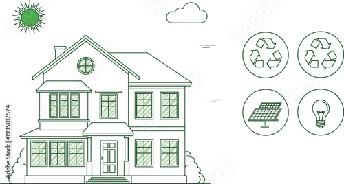 Eco house illustration, solar energy, recycling icons, sustainable living, green technology, renewable energy, eco friendly home, environmental conservation, clean innovation, climate action