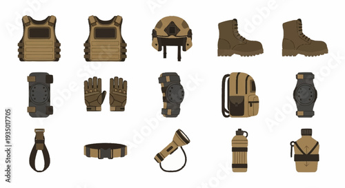 Military tactical gear and equipment set on white background.