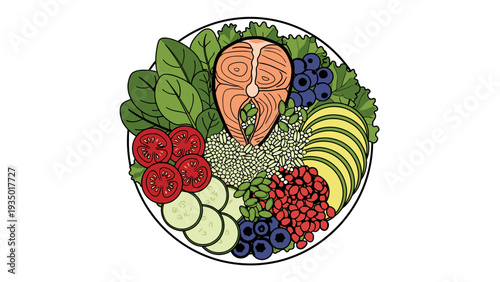 Healthy Buddha bowl with grilled salmon, avocado, spinach, tomatoes, blueberries, and seeds, colorful top view illustration.