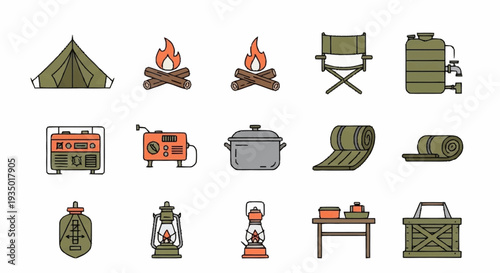 Camping icons set with outdoor gear and equipment illustrations.