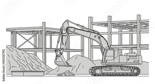 Line art illustration of a heavy excavator working at a building construction site with steel frame structure and soil piles.