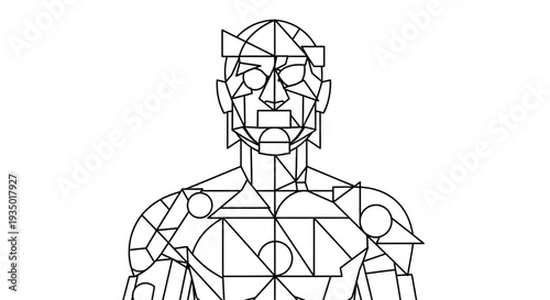 Geometric humanoid robot wireframe, abstract artificial intelligence concept.