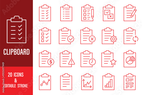 Clipboard and checklist outline icon set with business tasks, strategy, approval, tax and document management symbols. 20 Clipboard Task Management Line Icons. Survey icon set. Medical report icon
